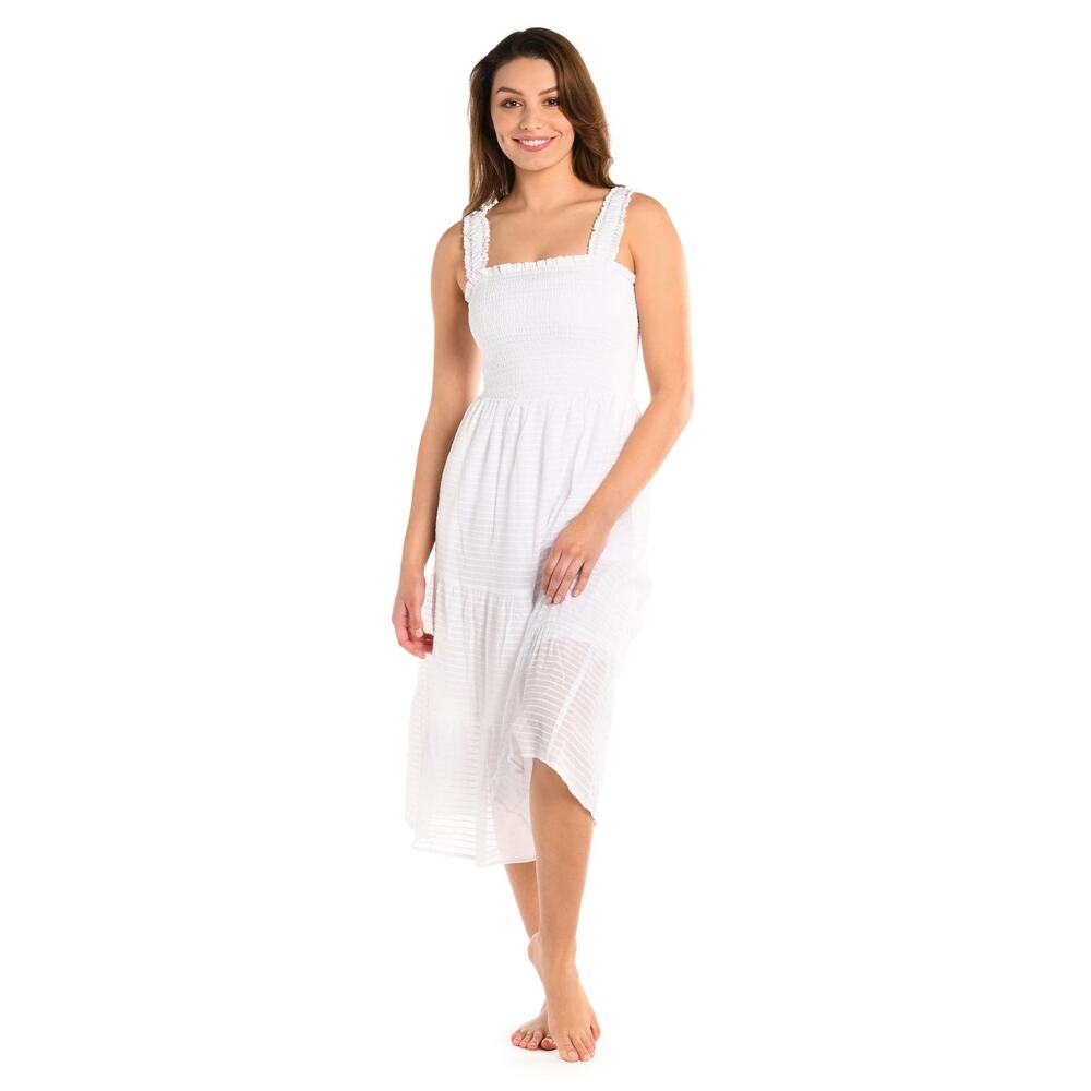 La Blanca White Shadow Stripe Smocked Midi Dress Pockets Tiered Lined Size XL